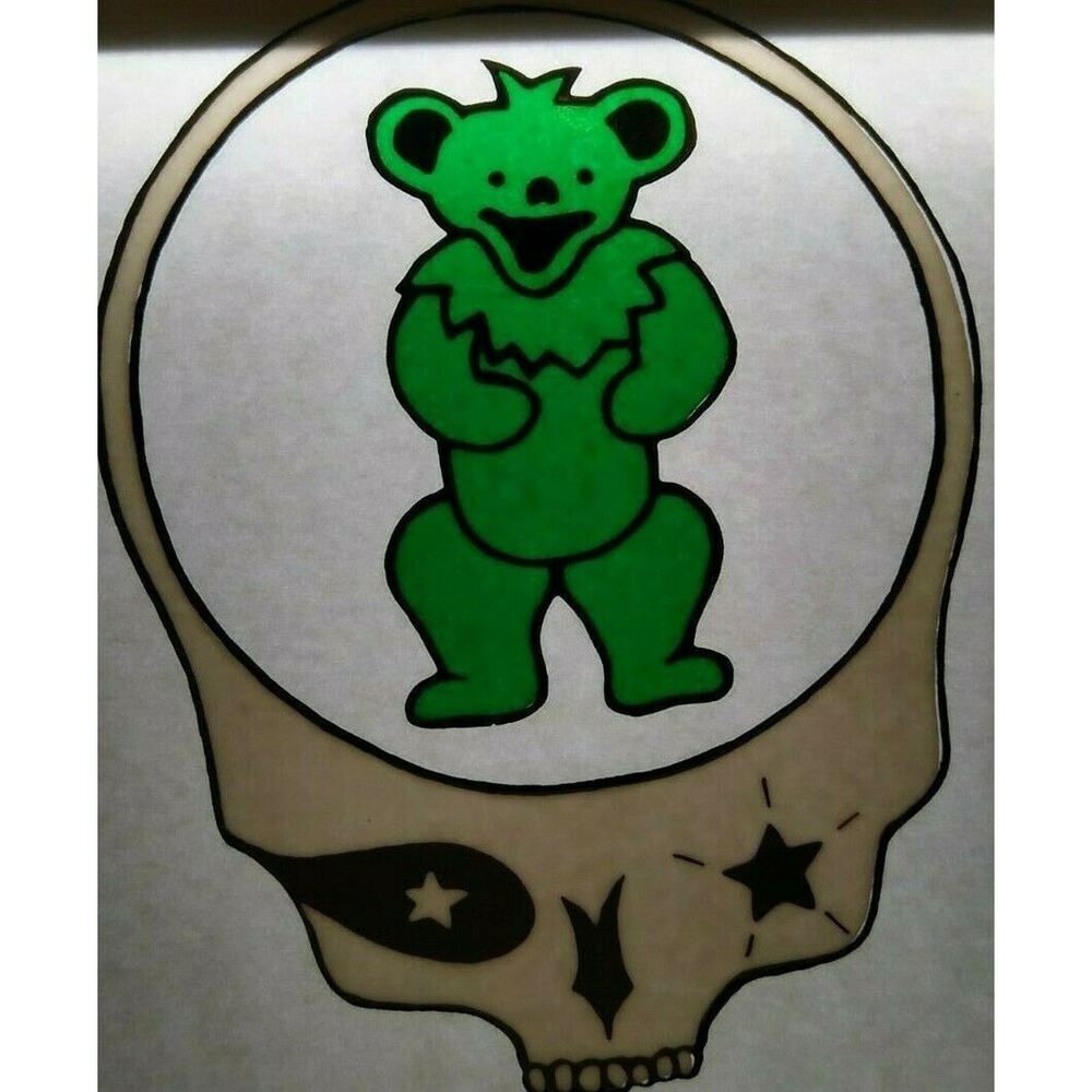 Grateful Dead Car Window Decal 1980s Green Dancing Bear Inside White Skull Head